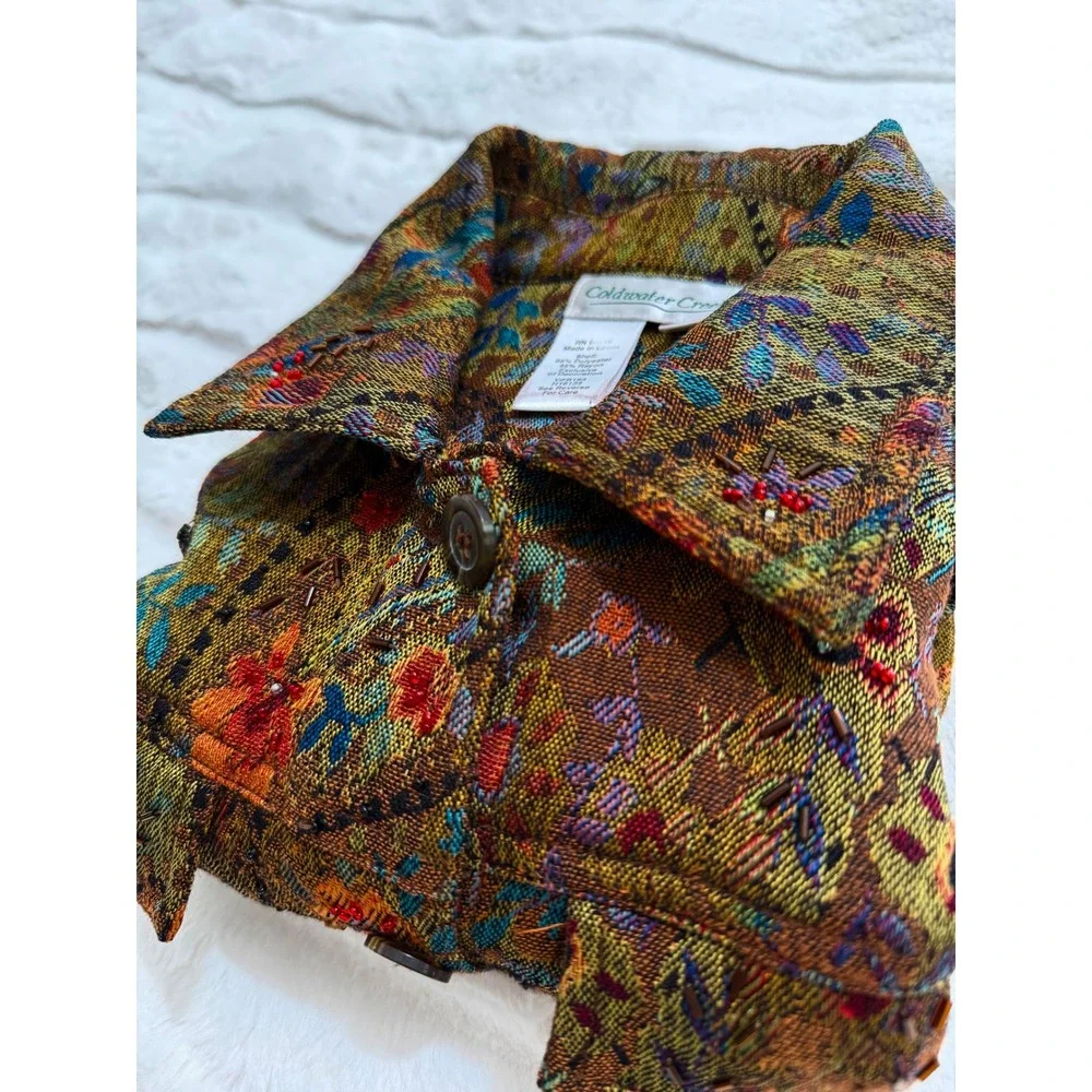 Vintage Y2K Coldwater Creek Tapestry Jacket PS Boho Beaded Floral Paisley Fall